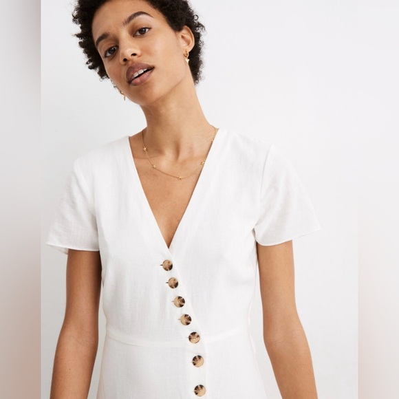 Madewell White Linen-Blend Button Front ‘Wrap’ Midi Dress - Size 12 - Picture 2 of 6